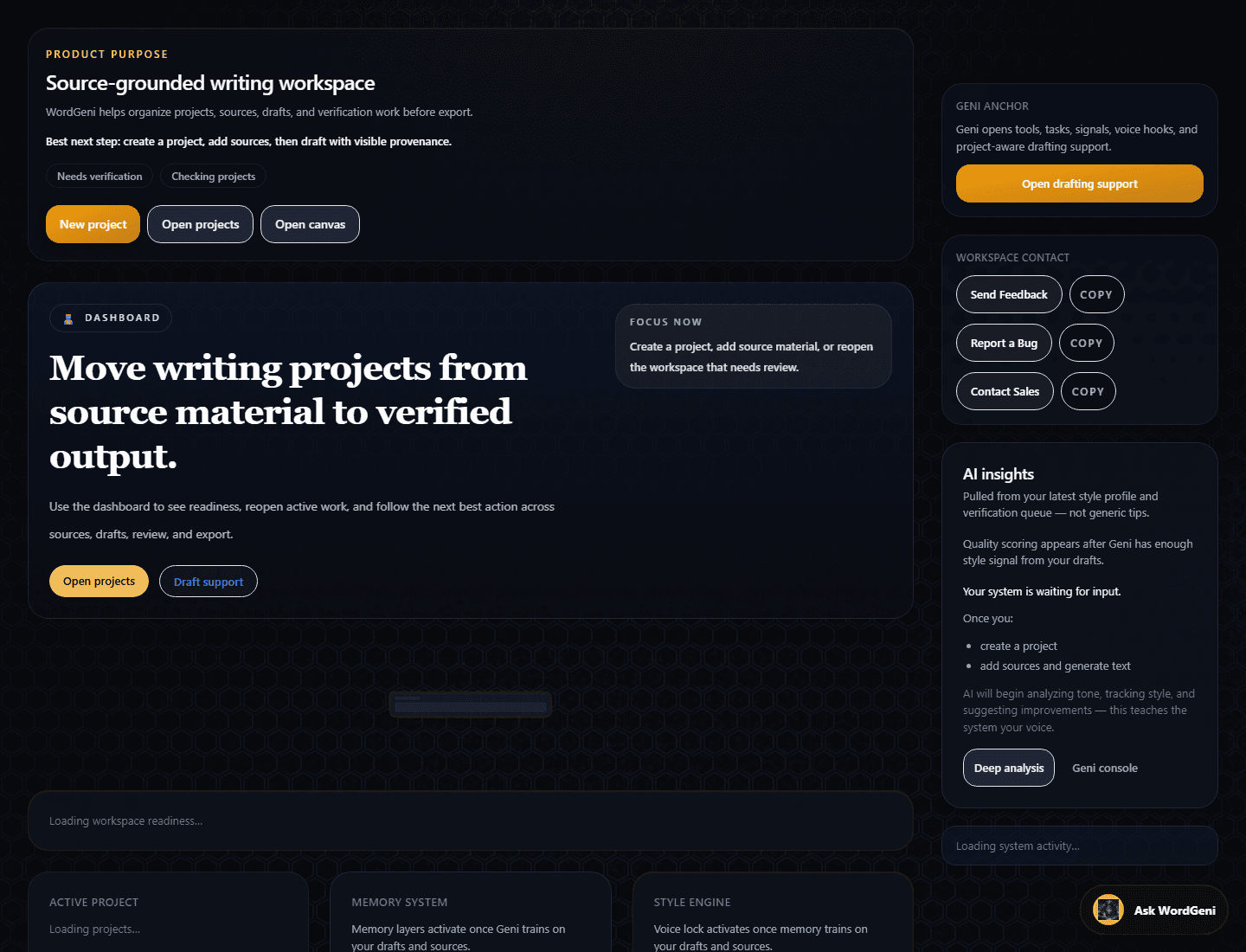 Writing/research dashboard screenshot